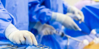 Surgical tools on tray in operating room setup