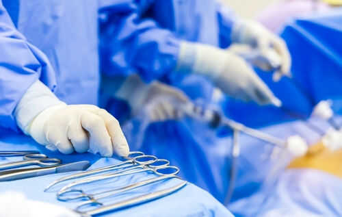 Surgical tools on tray in operating room setup