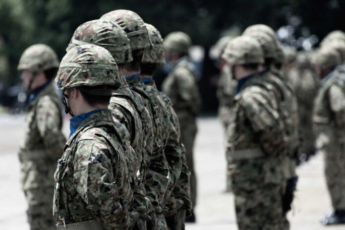 Japanese,Soldier,(japan,Ground,Self,Defense,Force) Soldiers in camouflage uniforms standing in formation