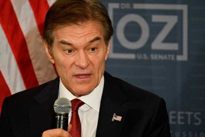 A man speaking into a microphone with an American flag pin on his suit