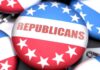Close-up of Republican Party buttons with red, white, and blue colors