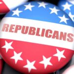 Close-up of Republican Party buttons with red, white, and blue colors