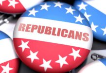 Close-up of Republican Party buttons with red, white, and blue colors