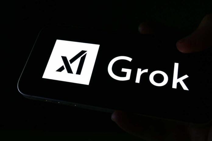 Grok,Ai,Chatbot,Logo,Seen,And,Pointing,On,Smartphone,Screen. A smartphone screen displaying the Grok logo in white against a dark background