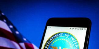 Department of Defense logo on smartphone screen flag