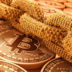 Bitcoin coins and digital binary code chain.