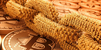 Bitcoin coins and digital binary code chain.