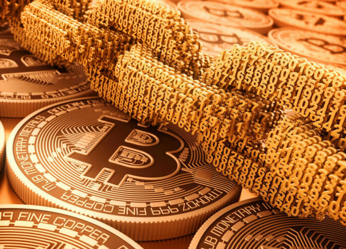 Bitcoin coins and digital binary code chain.