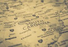 MAGA Favorite Looms — No One Knows Who South Carolina map close-up with cities and highways