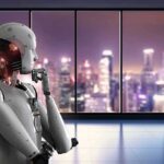 The Android Rumor Hides A Bigger Truth Humanoid robot thinking by window overlooking blurred city skyline