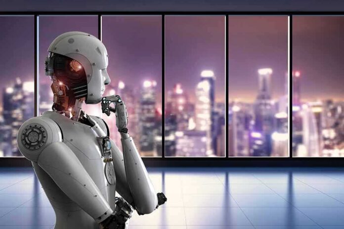 shutterstock_644724364 Humanoid robot thinking by window overlooking blurred city skyline
