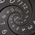Spiraling clock face with repeating numbers and hands