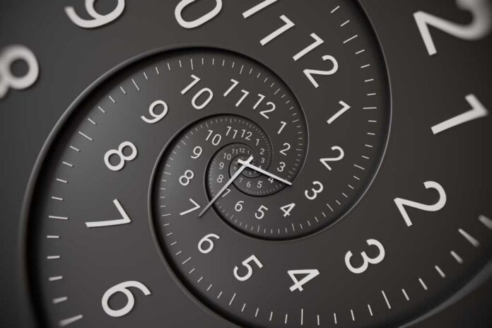 Spiraling clock face with repeating numbers and hands