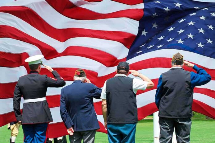 Veterans salute a large American flag