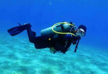 Scuba diver swimming underwater over sandy seabed