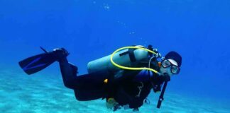 Scuba diver swimming underwater over sandy seabed