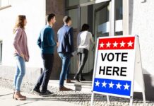 voters lining up at a polling place entrance