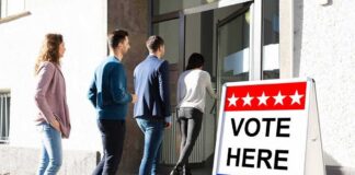 voters lining up at a polling place entrance