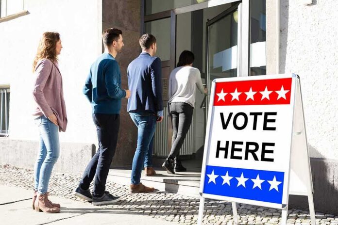 voters lining up at a polling place entrance