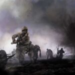 Soldiers advancing through a smoky battlefield