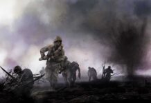 Soldiers advancing through a smoky battlefield