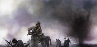 Soldiers advancing through a smoky battlefield