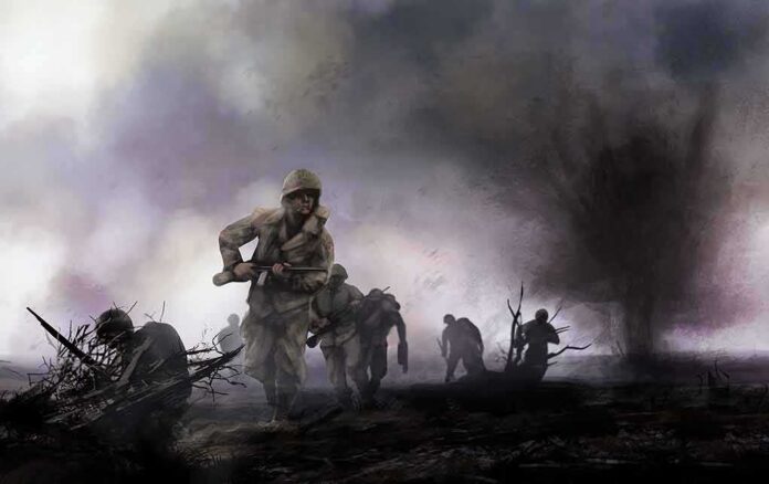 shutterstock_482692798 Soldiers advancing through a smoky battlefield