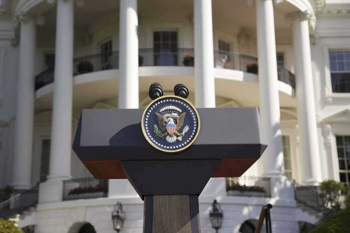 Presidential podium with seal in front of white-columned building