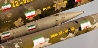 Row of military missiles with camouflage and national flags