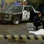 Crime scene with police car and two investigators by a covered body