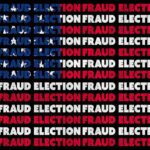 FINALLY – 16 Arrested For Illegal Voting repeating phrase 'ELECTION FRAUD' in red, white, and blue on black background