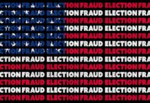 FINALLY – 16 Arrested For Illegal Voting repeating phrase 'ELECTION FRAUD' in red, white, and blue on black background