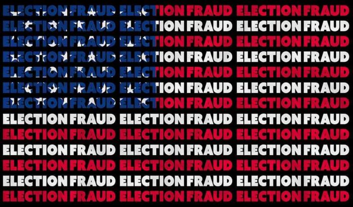 shutterstock_1848726109-1 repeating phrase 'ELECTION FRAUD' in red, white, and blue on black background