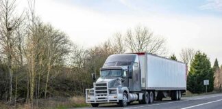 Semi-truck parked on roadside with trailer