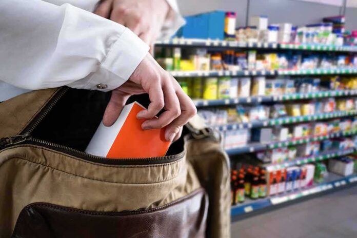 Hand placing a box into a shoulder bag in a store aisle