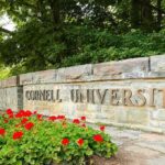 DA Reopens Explosive Cornell Assault Probe Cornell University stone entrance sign with red flowers