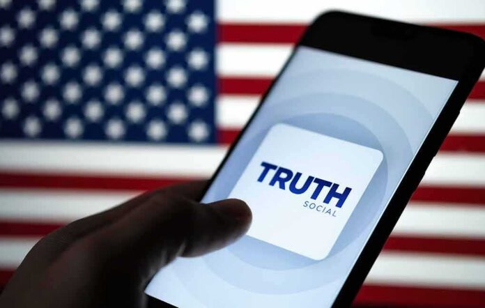 Smartphone displaying Truth Social app against an American flag backdrop