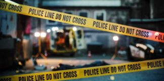 police tape cordons off a dimly lit crime scene alley