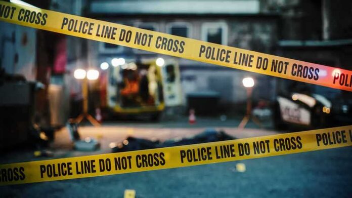 police tape cordons off a dimly lit crime scene alley