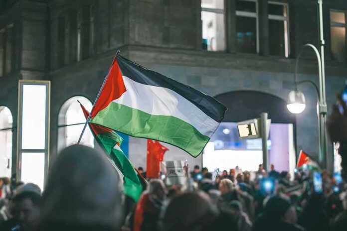 Palestinian flag waved at a nighttime street protest