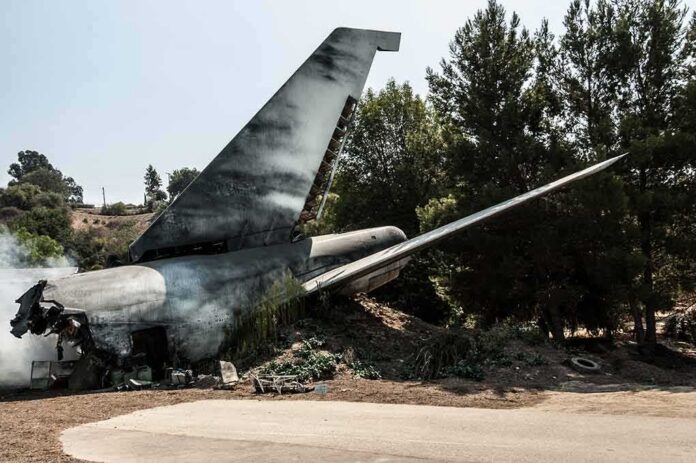 Wrecked airplane tail section beside a road