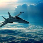 Pilot Strays – F-16 Makes Abrupt Escort A fighter jet flying above the clouds during sunset
