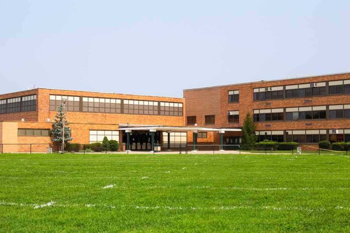 Brick school building with large windows and front entrance