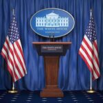Concert Quip Triggers Brutal White House Blast White House press podium with microphones and two American flags