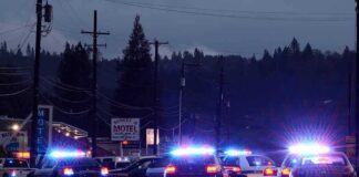 Police cars with flashing lights block a road at night