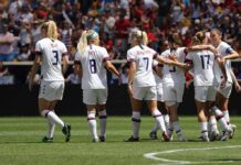 Girls Protest – No Punishment, Bigger Fight Looms Alex Morgan, Crystal Dunn, Christian Jones, and Walter Jones among teammates celebrating on a soccer field