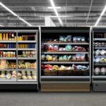 Supermarket refrigerated display cases with drinks, produce, and prepared foods