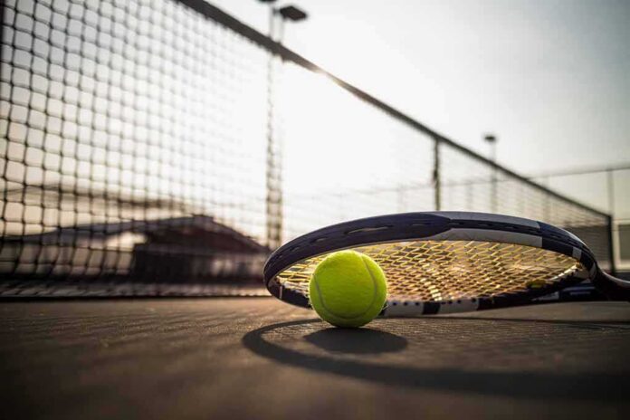 Tennis racket and ball on a court near the net